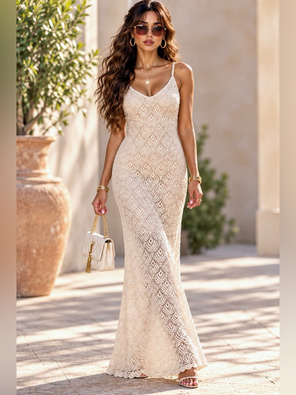 Bebe Off-White Nude Lace Maxi Dress XL Romantic Evening Gown NWT
